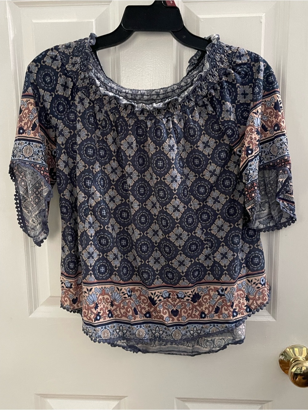 Almost Famous Navy Blue Patterned Peasant Blouse with Peach Border